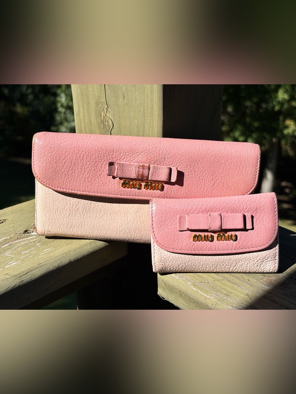 Miu Miu Pink Bow Pebbled Leather Clutch & Wallet Set